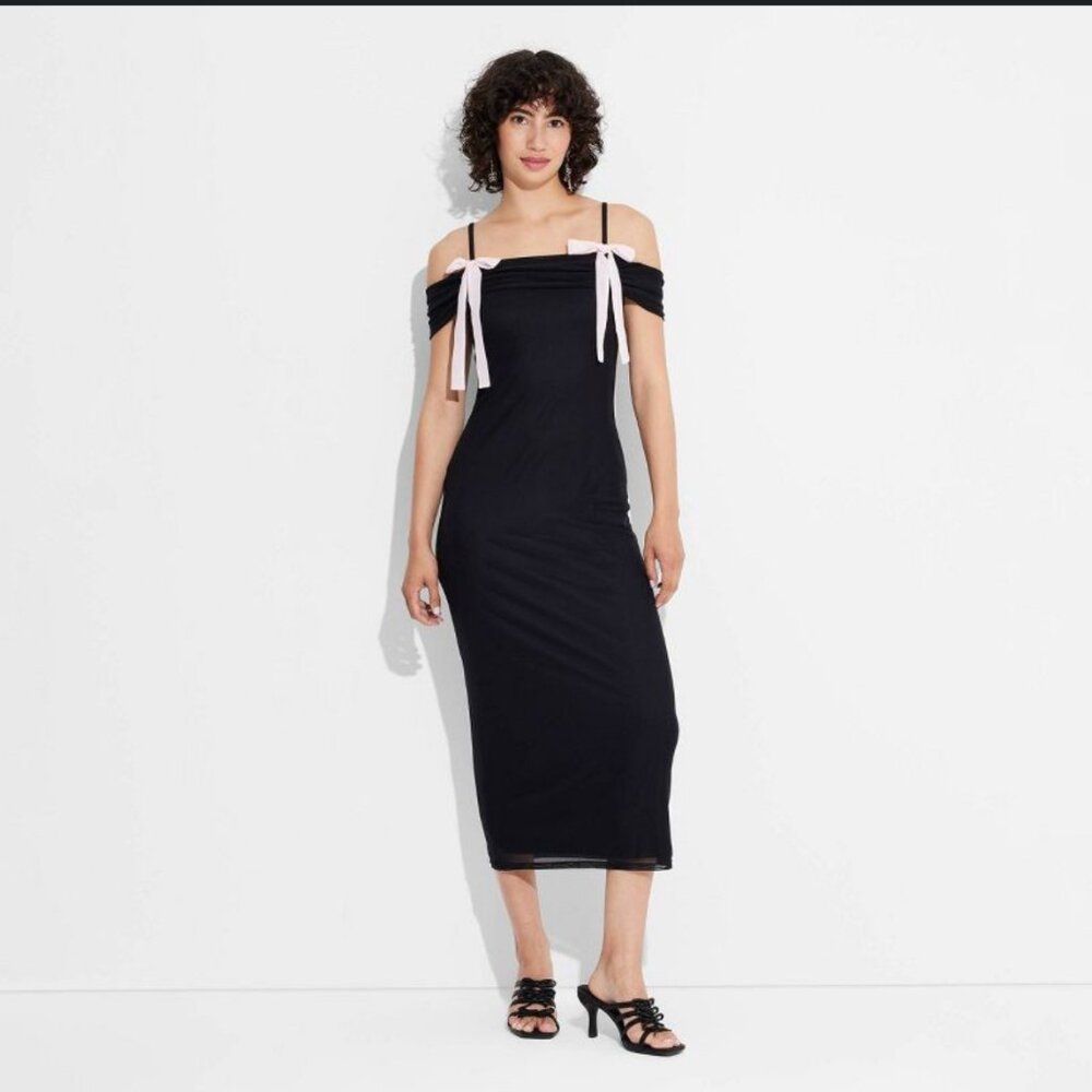 Women's Bow Mesh Midi Bodycon Black Off the Shoulder Dress  - Wild Fable Sz: Lg